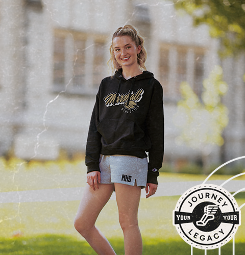 Female Wearing Champion Track Fan Gear